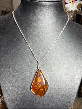 Amber Teardrop Pendant Necklace - Silver Chain
